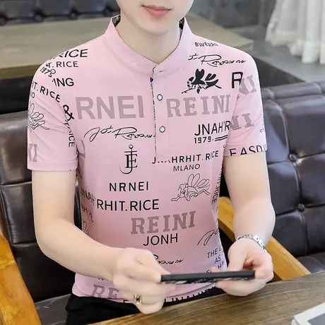 男士短袖t恤V领纯棉夏季2022潮流男Polo衫立领薄款体桖个性打底衫商品大图