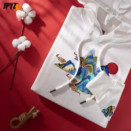 潮牌连帽卫衣男黑色原创落日立体刺绣长袖国潮宽松春秋新款情侣装商品大图