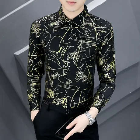 夜场个性烫金长袖衬衫男士秋季发型师潮流韩版修身帅气高级感衬衣商品大图