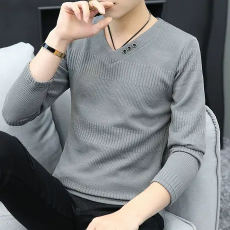 春秋季长袖t恤男士秋衣外穿V领针织打底衫秋装上衣服潮牌修身男装商品大图