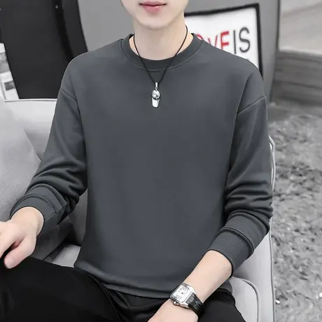 春秋款卫衣男ins纯色灰色宽松潮流百搭秋季加绒无帽套头圆领长袖商品大图