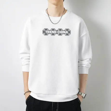 白色卫衣男2024新款华夫格秋冬款无帽上衣服中国潮流圆领长袖t恤商品大图