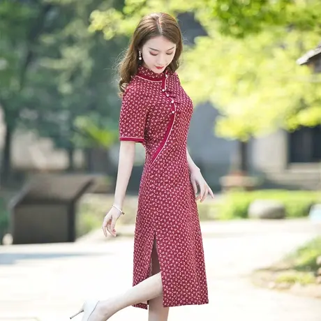 筠雅红色旗袍年轻款少女显瘦改良旗袍连衣裙短袖性感时尚旗袍裙商品大图