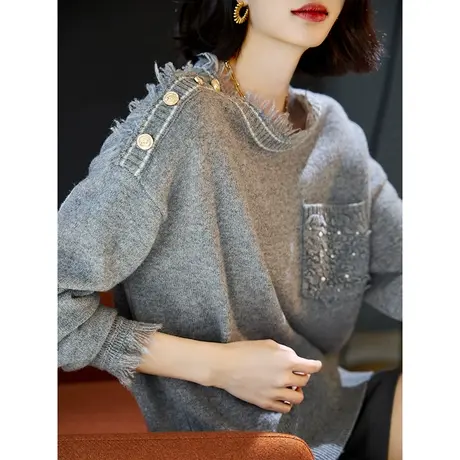 宝诗黎圆领钉珠绵羊毛针织衫2024春季新款落肩长袖时尚宽松毛衣女商品大图