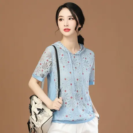 韩潮袭人连帽拼接碎花雪纺蕾丝衫女2024夏季新款百搭镂空短袖t恤图片