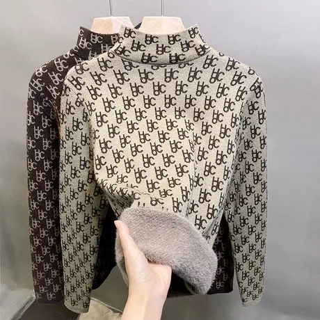 一体绒半高领毛衣女加绒加厚打底衫2023秋冬新款针织衫内搭上衣潮商品大图