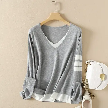 美丽诺羊毛针织衫假两件套春装女2024新款宽松内搭打底衫外套毛衣图片