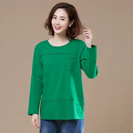 宽松长袖t恤女春秋季加肥加大码女装纯棉纯色中年妈妈体恤打底衫商品大图