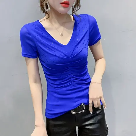 性感网纱V领T恤女短袖夏装2024新款潮时尚烫钻洋气上衣显瘦小衫女商品大图