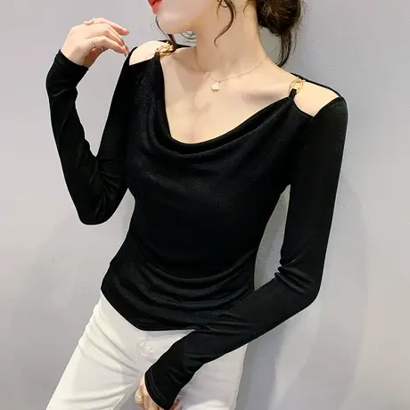别致打底衫女内搭2024春秋新款一字肩性感上衣修身显瘦长袖T恤女图片