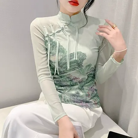 复古高级感上衣女长袖时尚立领盘扣网纱T恤漂亮印花内搭打底衫女商品大图