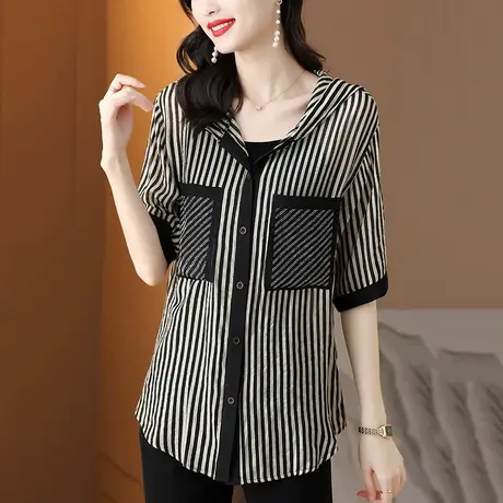 2023夏季新款烫钻简约条纹连帽宽松衬衫女时尚短袖雪纺衫女防晒衣商品大图