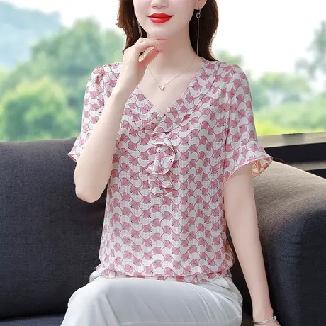 碎花雪纺衬衫女2023年夏季时尚短袖t恤新款大码V领印花打底衫女潮商品大图
