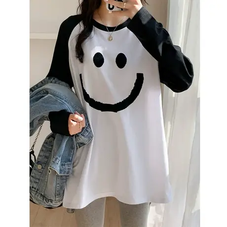 2023春季新款撞色印花图案纯棉插肩长袖T恤创意百搭小众插肩上衣图片