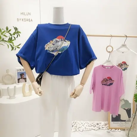 克莱因蓝色短袖上衣2022夏装新款韩国东大门ins油画风宽松大版T恤图片