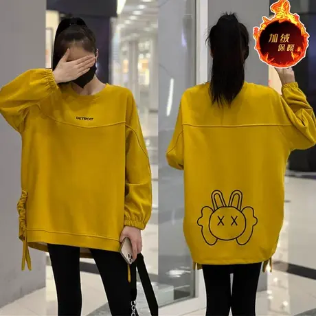 后背卡通小兔侧开叉加绒卫衣女2023年秋季新款圆领显瘦休闲上衣潮商品大图