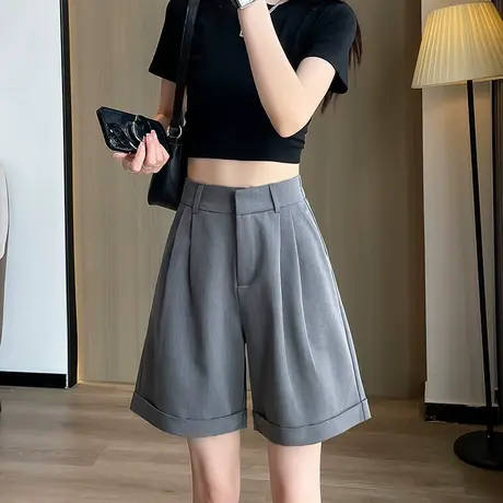 灰色西装短裤女夏宽松五分高腰宽松休闲冰丝薄款卷边阔腿a字中裤商品大图