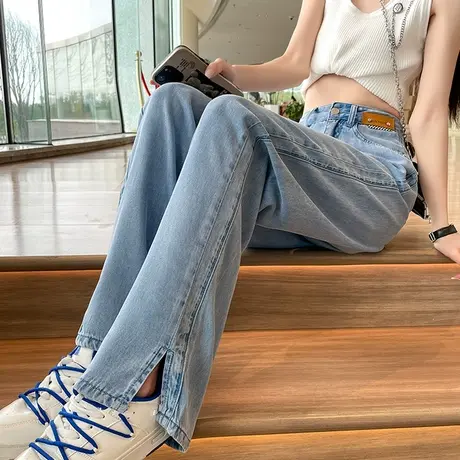 天丝高腰阔腿牛仔裤女2023春夏季薄高腰宽松显瘦冰丝开叉直筒裤子商品大图