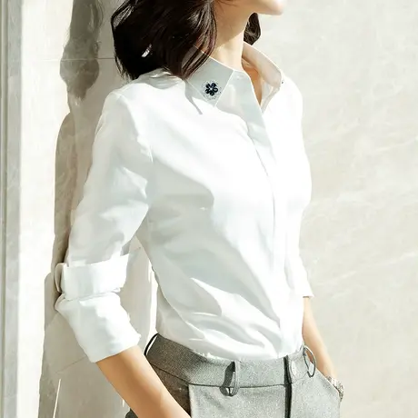 可拆卸领花衬衫女秋装韩版内搭女装修身简约翻领长袖打底衫白衬衣商品大图