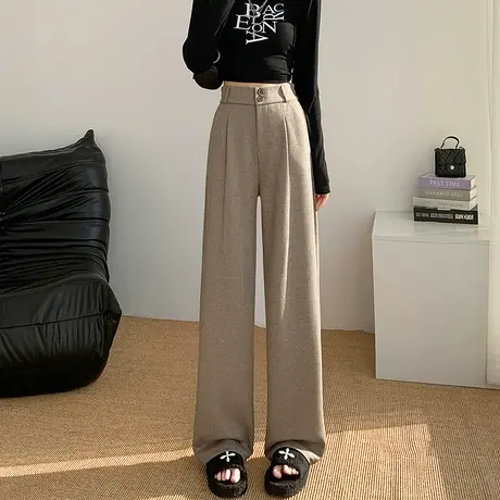 毛呢阔腿裤女秋冬2023新款高腰垂感加长加绒高级感窄版休闲西装裤图片