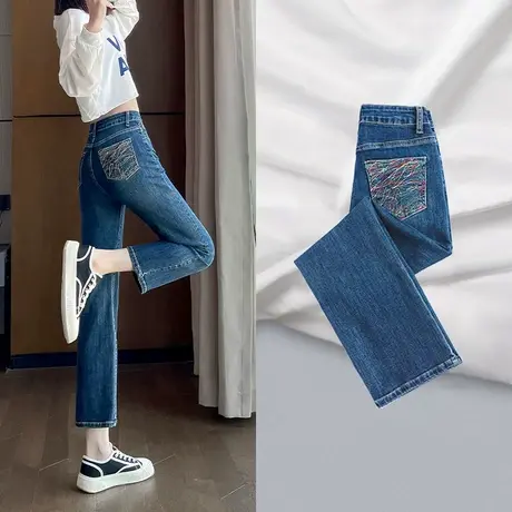 蓝灰色直筒牛仔裤女秋季2023年春秋新款设计感高腰弹力百搭烟管裤图片