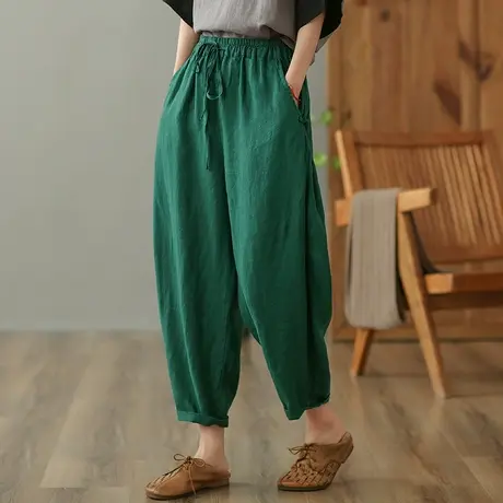 dza 高腰显瘦亚麻休闲裤女2023夏季薄款直筒裤长裤宽松棉麻哈伦裤商品大图