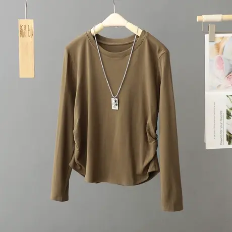 设计感小众圆领长袖T恤女春秋内搭短款抽绳打底衫辣妹显瘦上衣潮商品大图