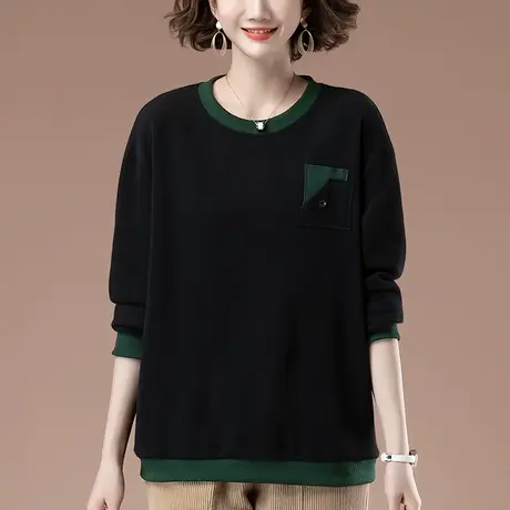 春秋薄款卫衣女加肥加大码女装宽松中年妈妈休闲圆领黑色长袖上衣商品大图