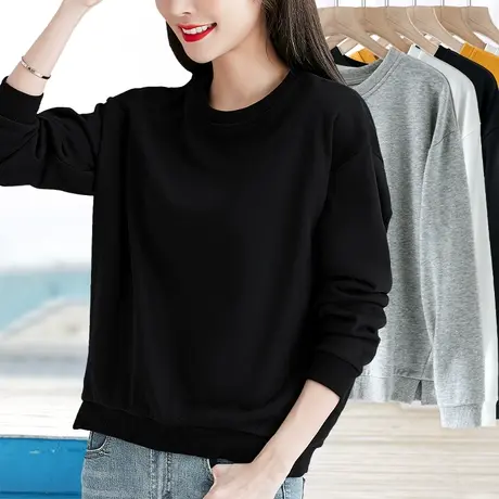 卫衣女2024春秋新款黑色套头宽松显瘦长袖打底衫减龄开叉短款上衣图片