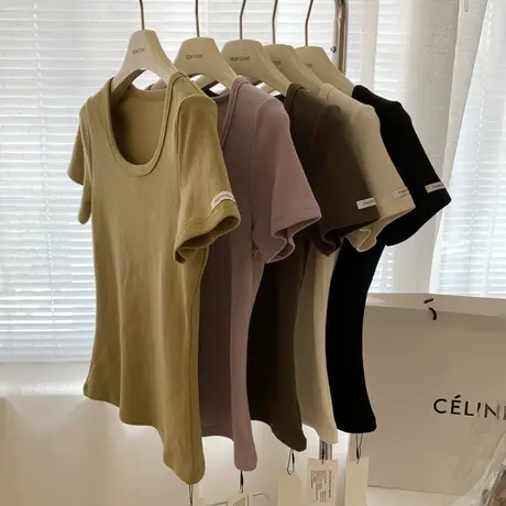 韩版百搭华夫格弹力U字领短袖t恤女修身显身材内搭打底衫上衣夏季图片