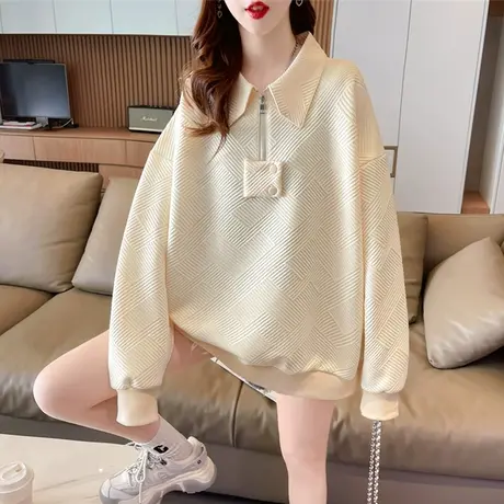 早春装翻领polo衫卫衣女春秋季韩版宽松薄款娃娃领华夫格上衣外套图片