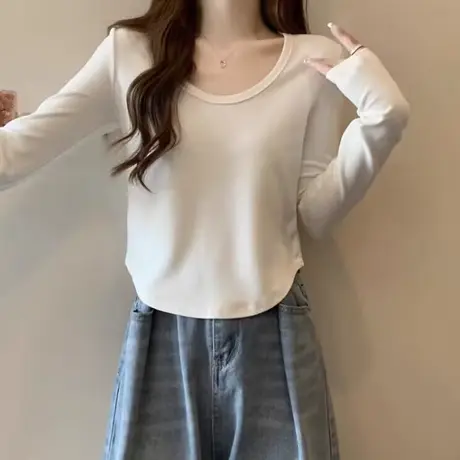 洋气时髦U领长袖T恤女秋冬德绒加绒加厚内搭短款保暖打底小衫上衣商品大图