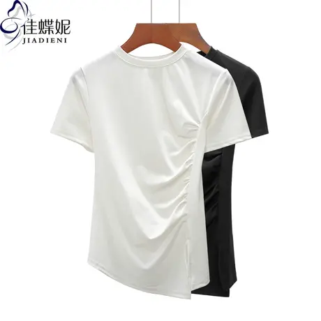 夏季新款韩版纯棉半高领修身显瘦不规则短袖体恤上衣内搭女打底衫商品大图