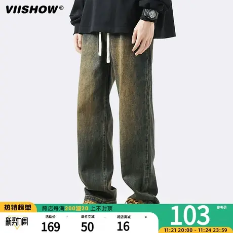 VIISHOW复古蓝牛仔裤男秋季美式高街潮牌长裤宽松水洗做旧直筒裤商品大图