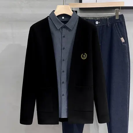 开衫毛衣男假两件2023秋冬休闲外套潮牌刺绣衬衫领帅气针织衫外穿商品大图