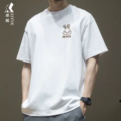 希越日系简约260g重磅短袖白T恤男兔子刺绣夏季宽松大码纯棉半袖商品大图