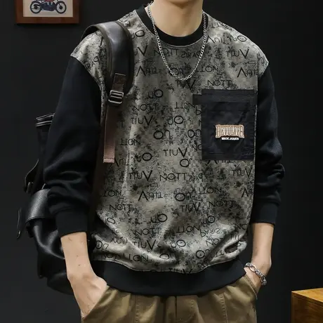 潮牌卫衣男春秋款圆领男款重磅撞色贴袋衣服春季2024新款长袖大码商品大图
