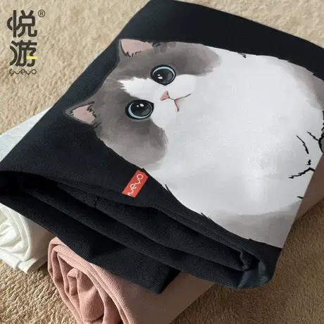 悦游 布偶猫 宽松款短袖T恤 2021新款萌系小众设计原创潮流男款商品大图