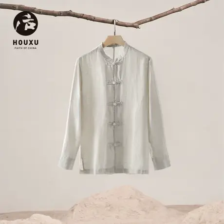 后序【纯亚麻系列】新中式宽松长袖衬衫男复古盘扣唐装立领衬衣男图片