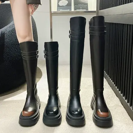 法式长筒靴女2023年秋冬新款小个子厚底增高瘦瘦靴粗跟过膝骑士靴图片