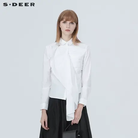 sdeer圣迪奥女装春装设计感不规则堆叠白色棉质长袖衬衫S20380523图片