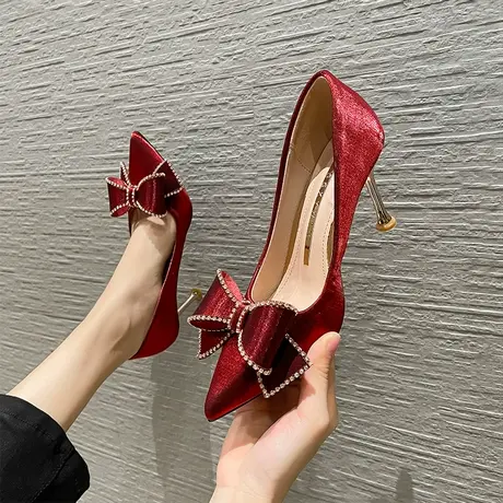 高跟鞋女2024年新款春秋季细跟尖头蝴蝶结水钻尖头设计感小众单鞋商品大图