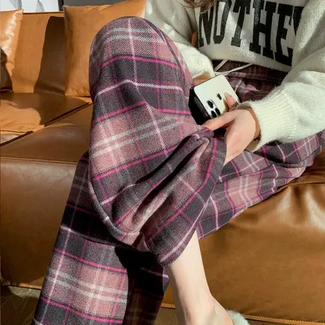 紫色大格纹休闲阔腿裤女2023冬新款ins风宽松显瘦高腰长裤窄版裤商品大图