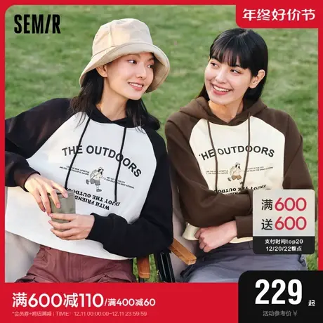 [商场同款]森马卫衣女短款印花插肩袖拼色宽松2024春新款连帽上衣图片