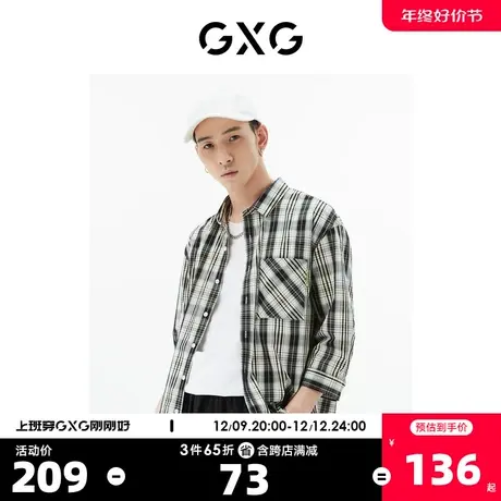 GXG奥莱 22年男装 翻领七分袖格子衬衫胸前口袋下摆绣花夏季新品图片