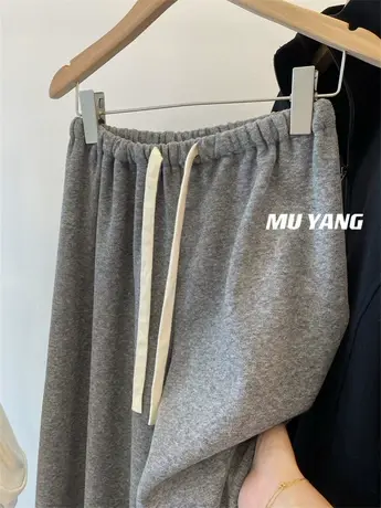 藏肉肉~舒适懒人宽松松紧腰抽绳毛巾绒加绒裤直筒休闲百搭长裤女商品大图