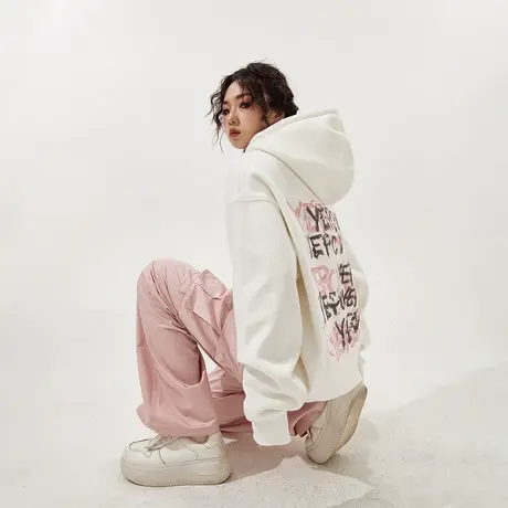 YEP白色印花连帽卫衣女春秋款美式2025新款oversize宽松外套上衣商品大图