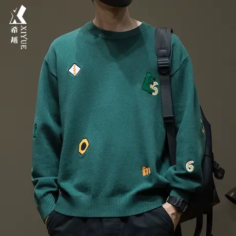 希越绿色针织毛衣男2024冬季新款美式内搭毛线衣宽松大码男士毛衫图片