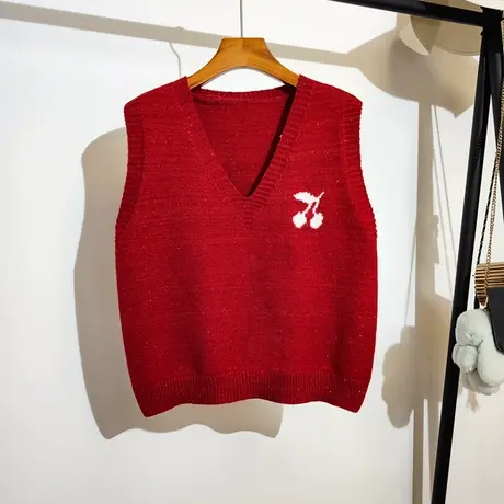 红色毛衣背心女秋冬新款宽松v领内搭甜美樱桃针织马甲外穿学院风图片