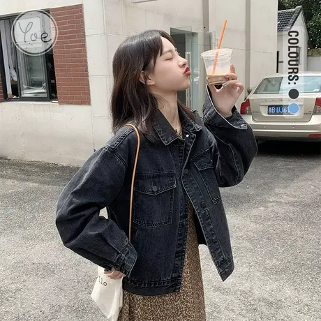 yoe黑色牛仔外套女韩版设计感春装复古洋气休闲上衣牛仔衣小个子商品大图